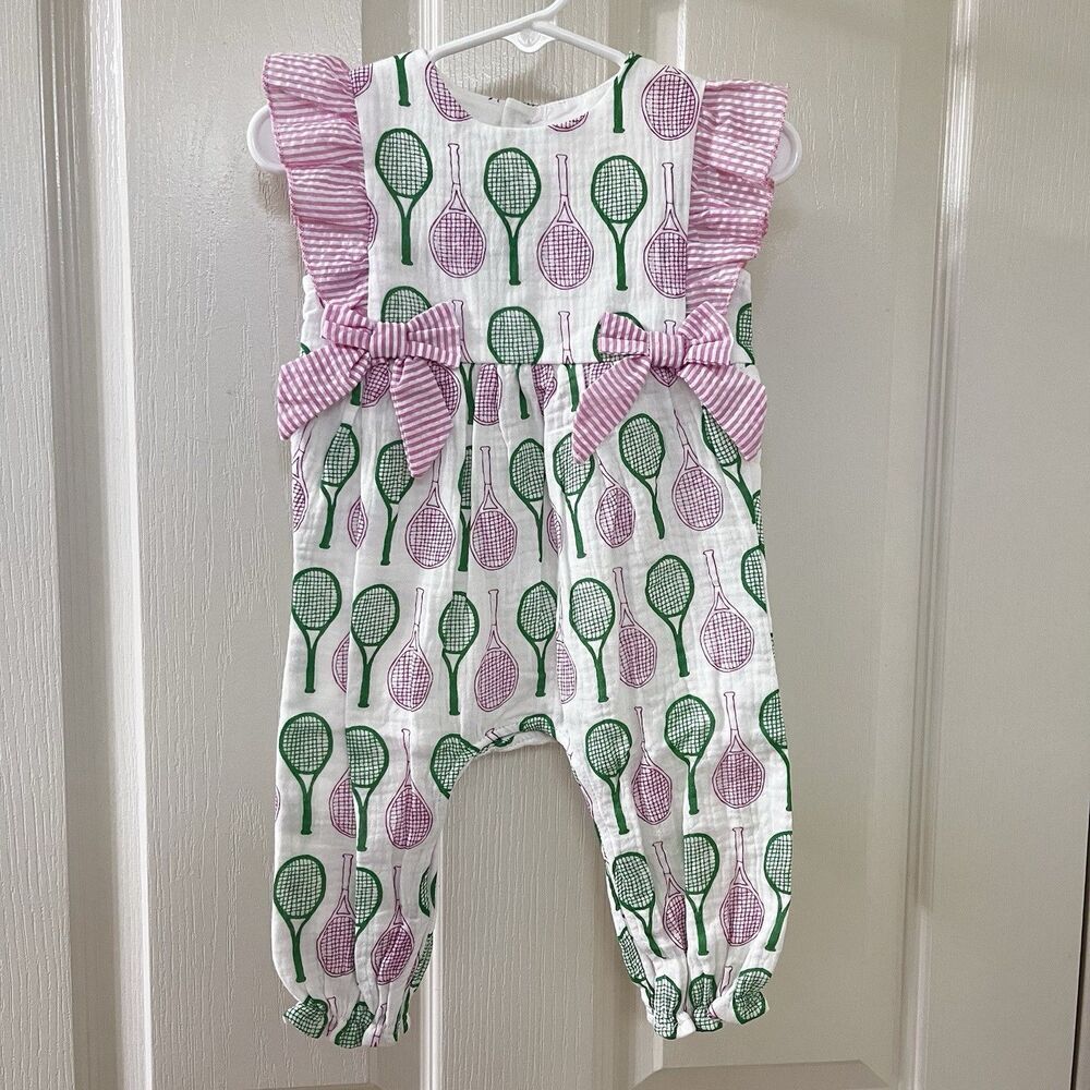 Mud Pie Tennis Print Longall Romper Jumpsuit Pink Green Girls SZ 3-6 Months NWT